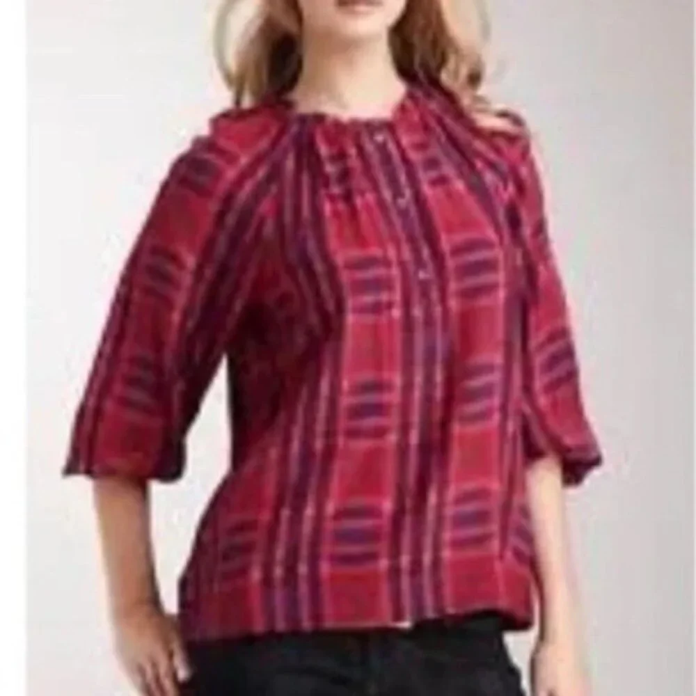 BCBGMAXAZRIA Top Blouse Shirt M Medium SILK Blue Berry Red Plaid Ruffle Trim